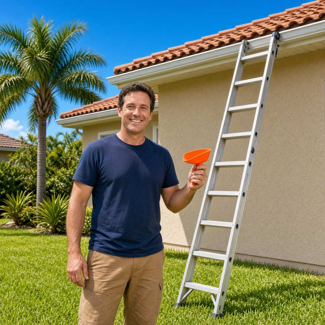 Friendly gutter cleaning worker smiling beside a ladder in front of a Florida tile-roof home, holding a gutter scoop