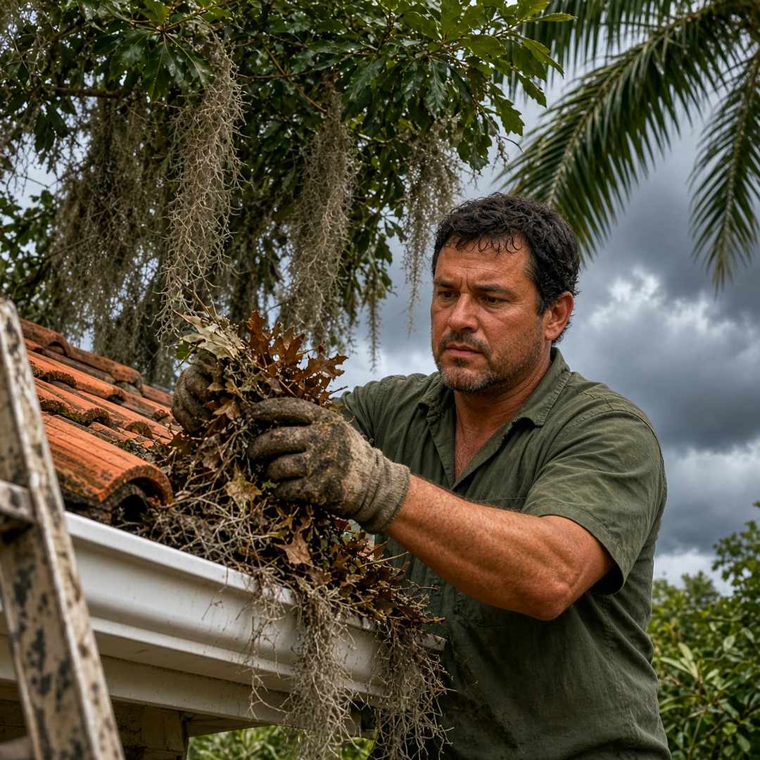 Worker on a ladder clearing a gutter under a heavy live-oak and palm canopy with an overcast South Florida sky