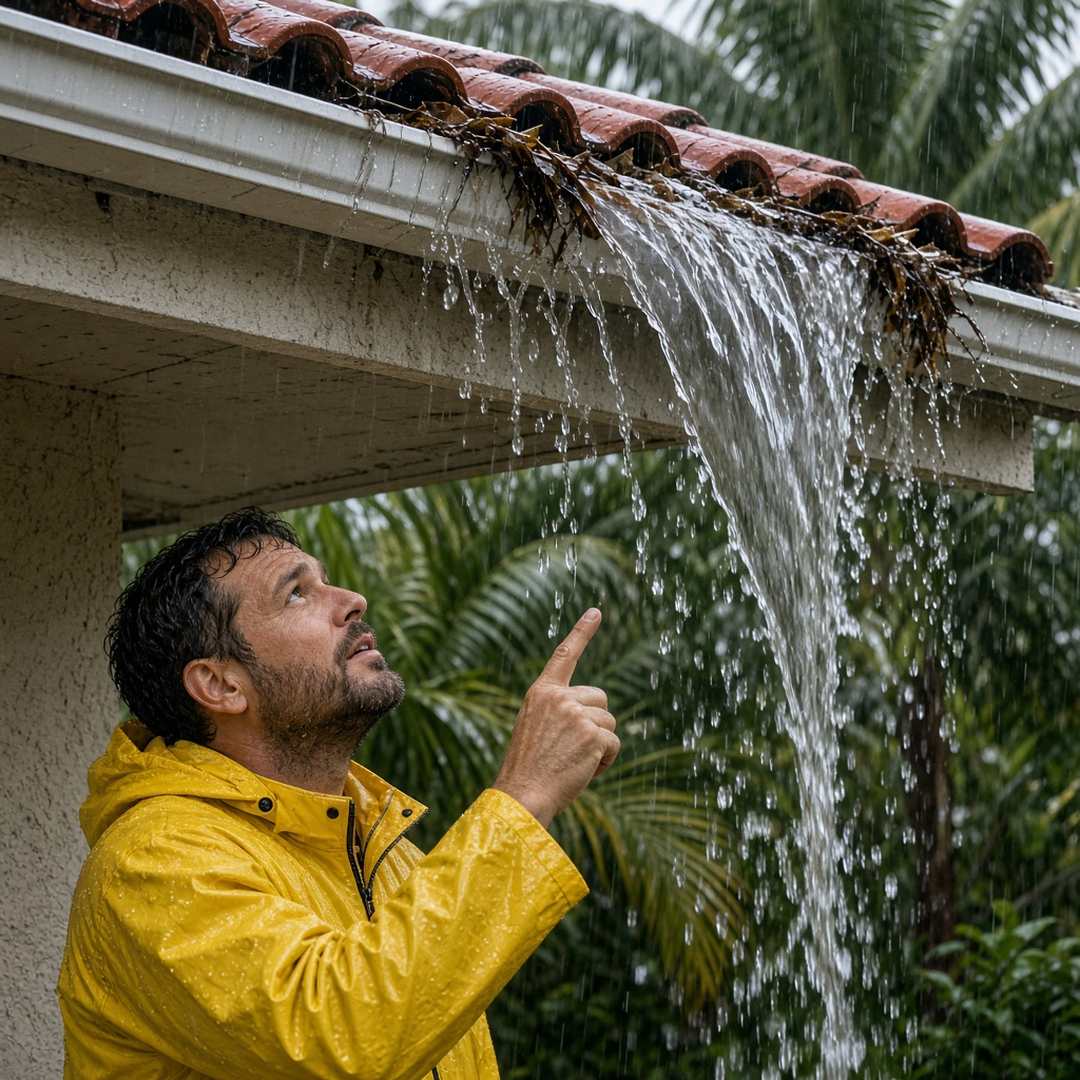 Close shot of a worker pointing at water overflowing the front edge of a clogged gutter during light rain on a Florida home
