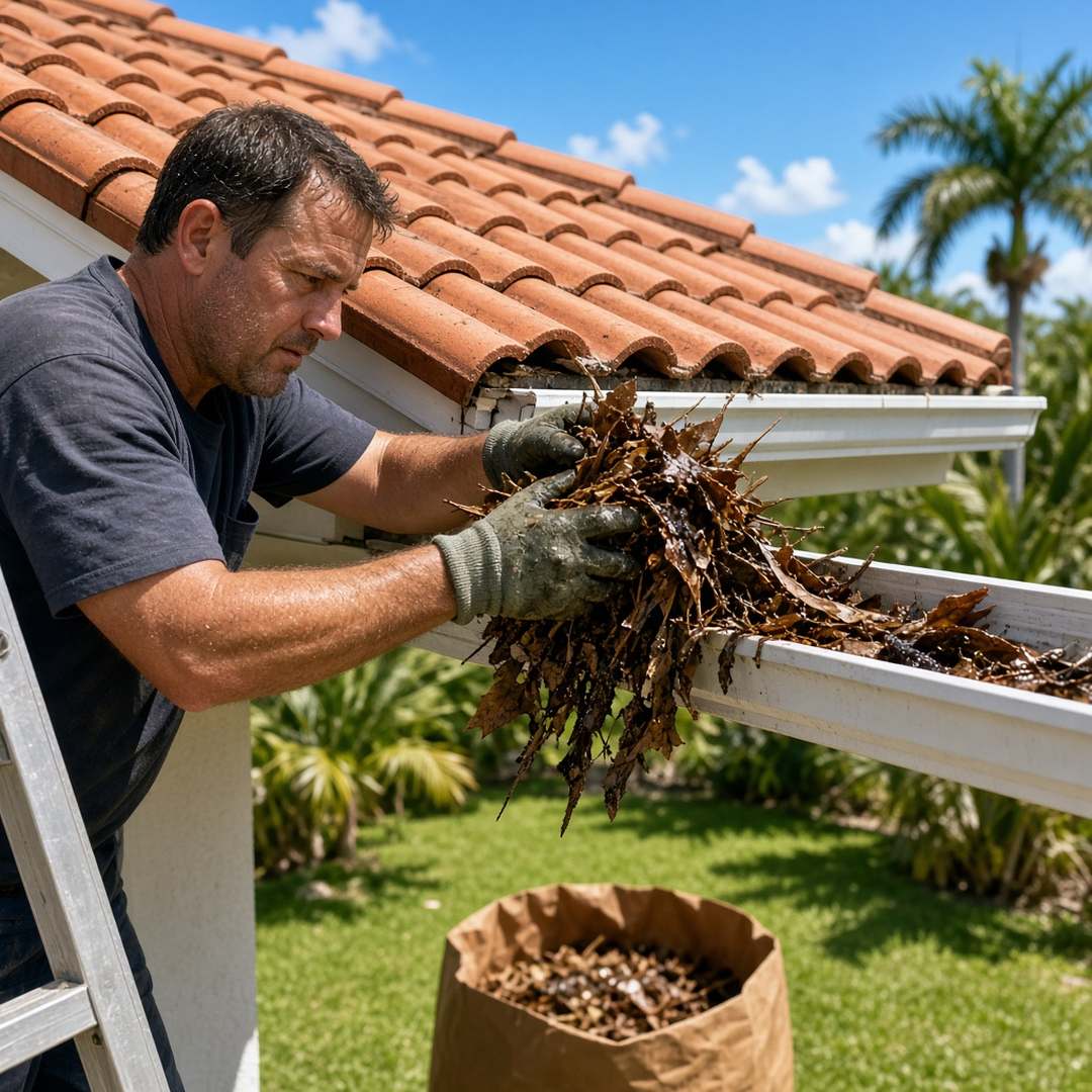 Worker lifting wet palm fronds and oak leaves out of a gutter trough on a ladder in Palm Beach Gardens, FL