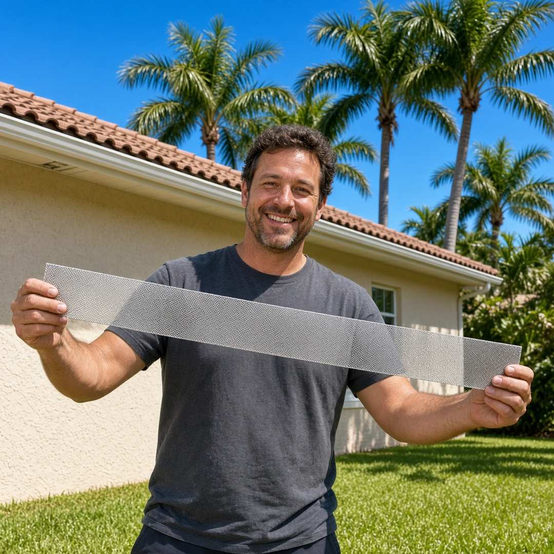 Installer holding up a length of micro-mesh gutter guard beside an open gutter run, palm trees behind, in Palm Beach Gardens, FL